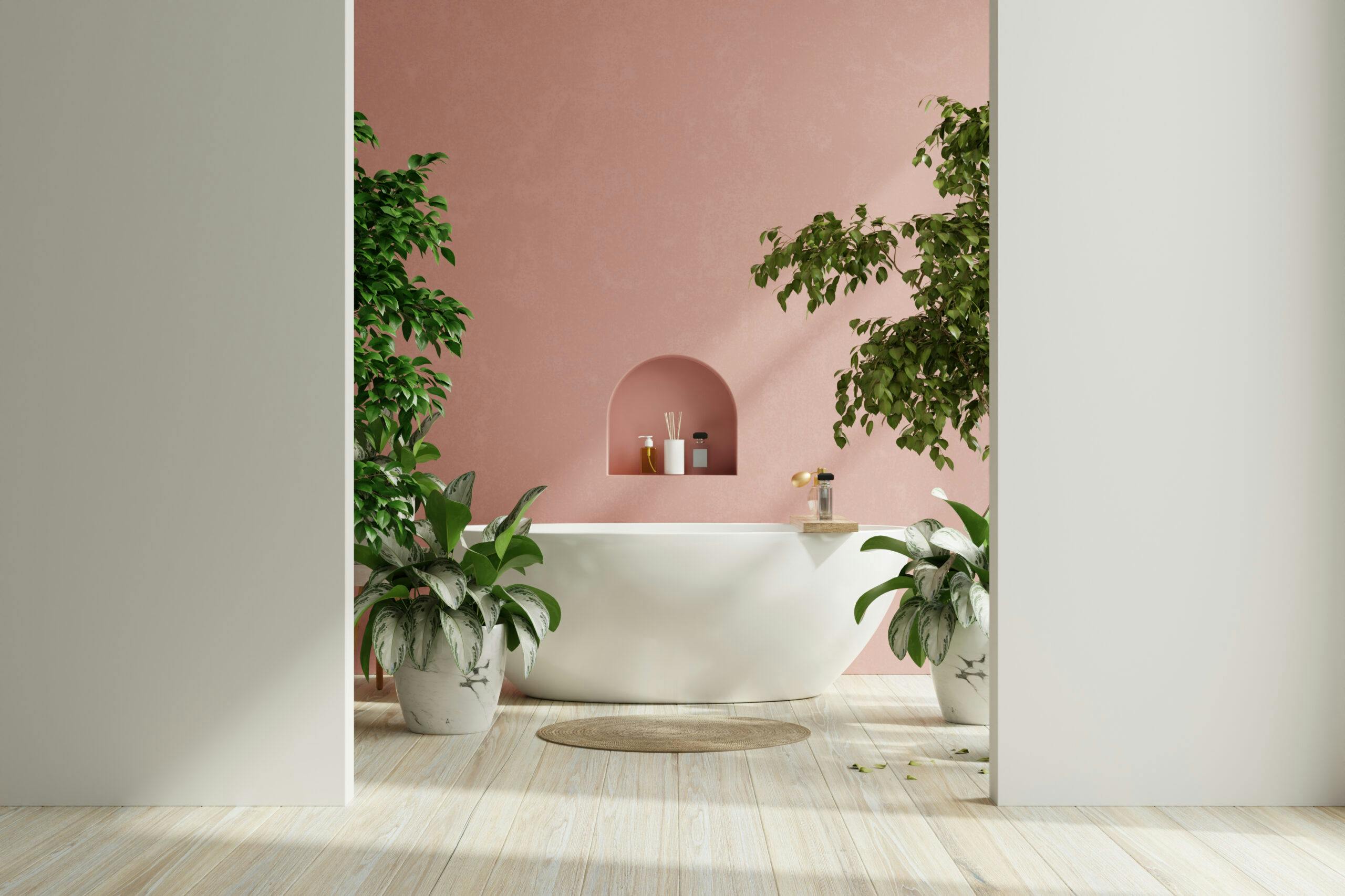 Modern Bathroom interior design,white bathtub on grunge pink wall.