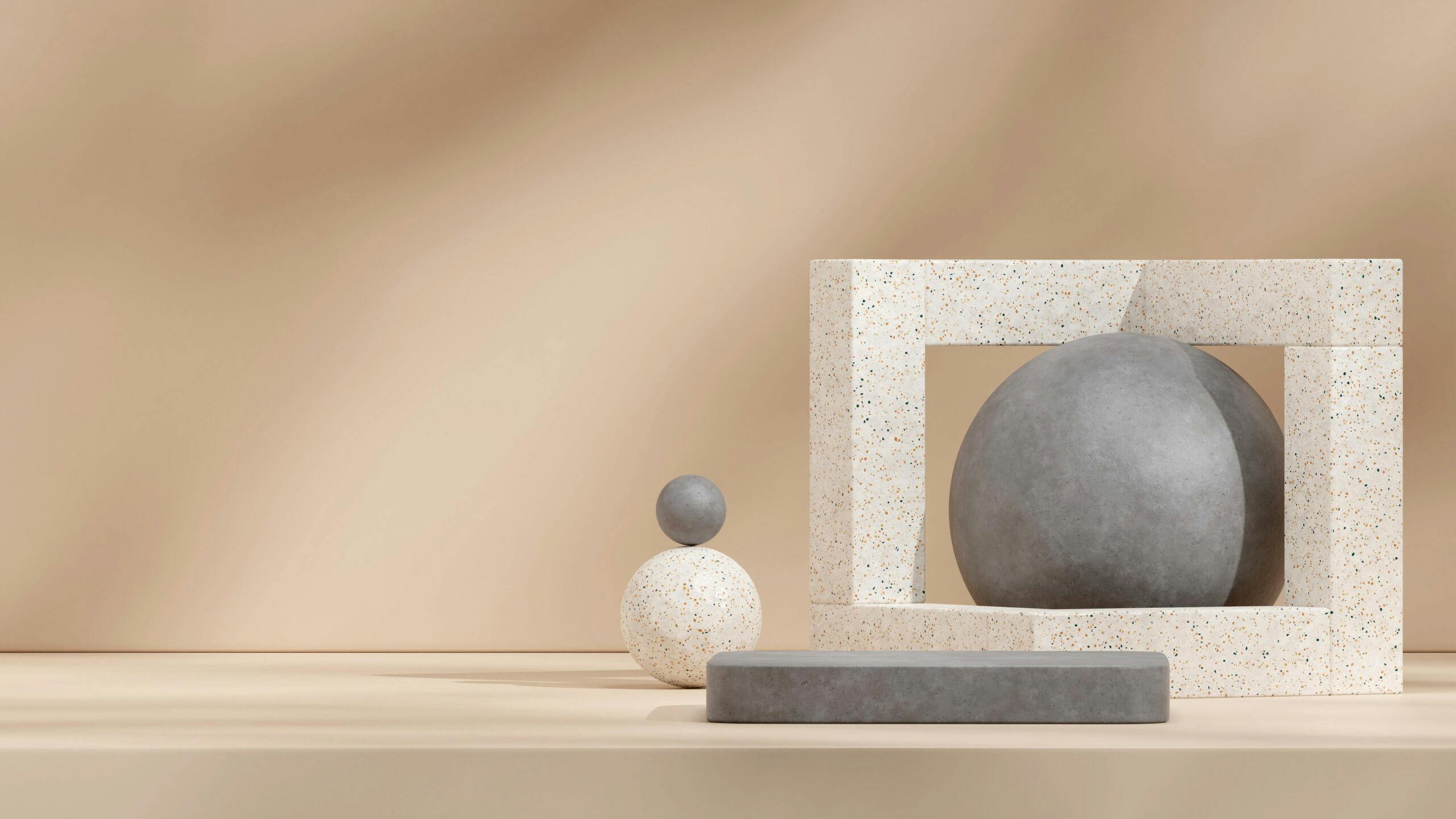 Minimal scene of concrete and terrazzo texture podium and sphere 3d render mockup in landscape