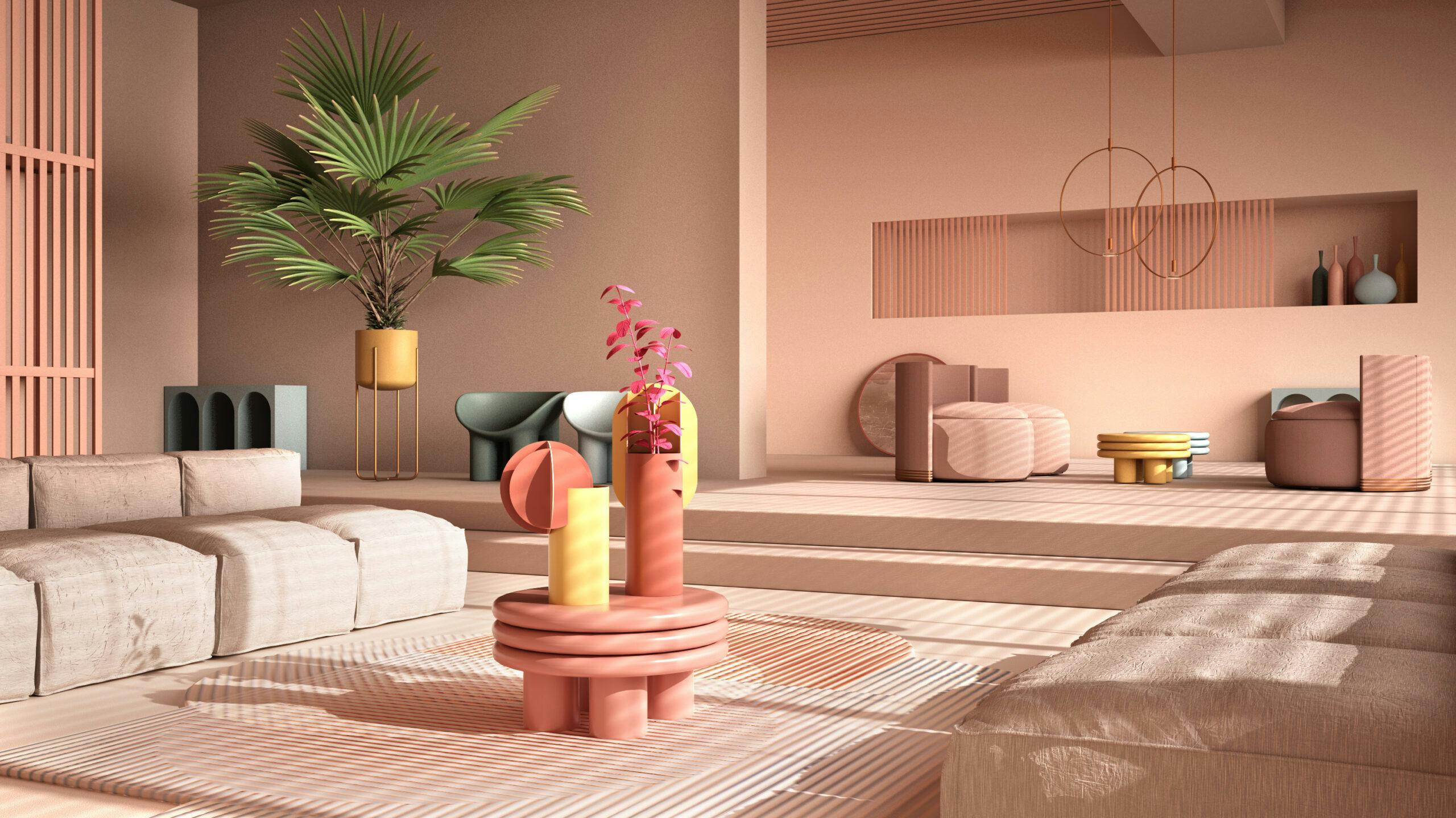 Colored contemporary living room, pastel rosy colors, sofa, armchair, carpet, tables, steps and potted plants, copper pendant lamps. Interior design atmosphere, architecture idea